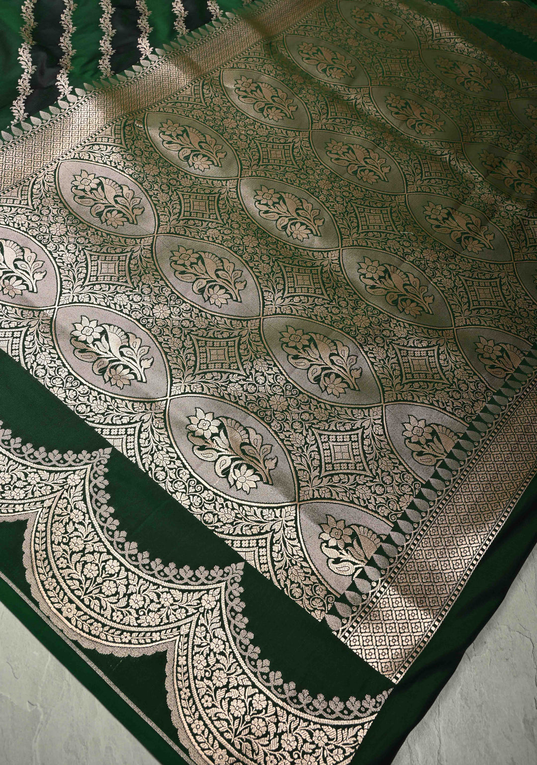 Shades of Green Banarasi Semi Mashru Silk Saree With Floral Leheria pattern and Scallop Zari Border