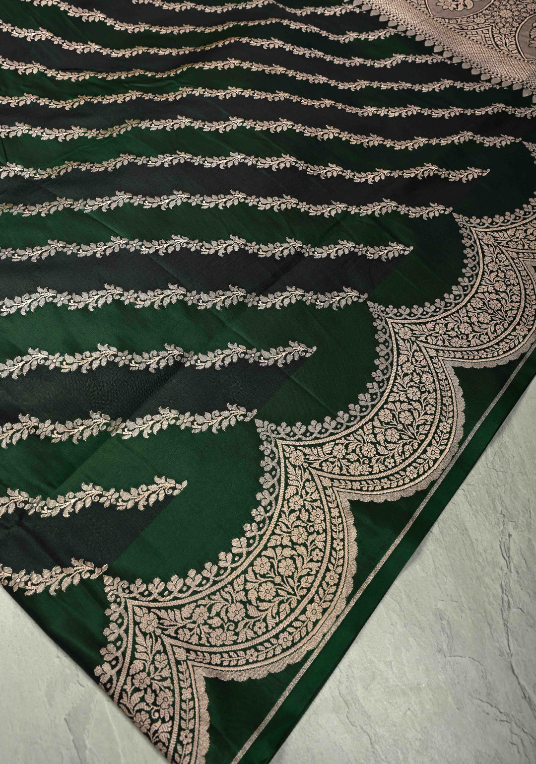 Shades of Green Banarasi Semi Mashru Silk Saree With Floral Leheria pattern and Scallop Zari Border