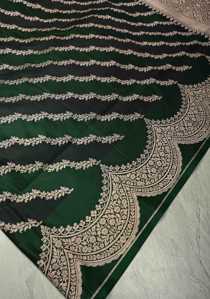 Shades of Green Banarasi Semi Mashru Silk Saree With Floral Leheria pattern and Scallop Zari Border