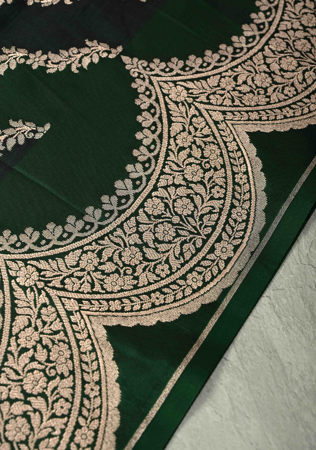 Shades of Green Banarasi Semi Mashru Silk Saree With Floral Leheria pattern and Scallop Zari Border
