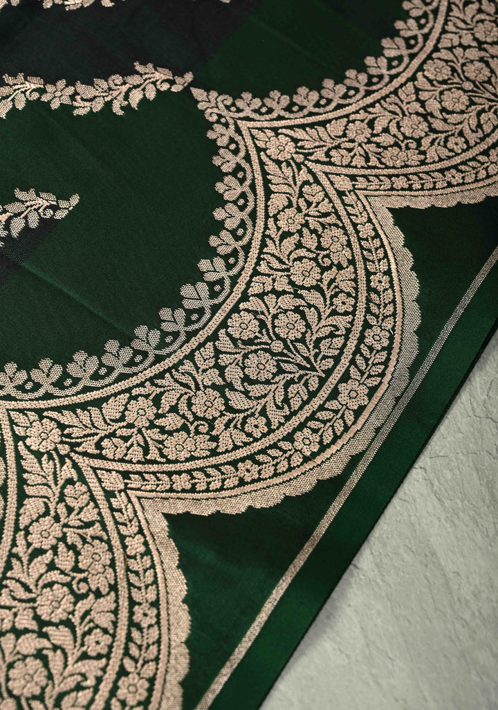 Shades of Green Banarasi Semi Mashru Silk Saree With Floral Leheria pattern and Scallop Zari Border