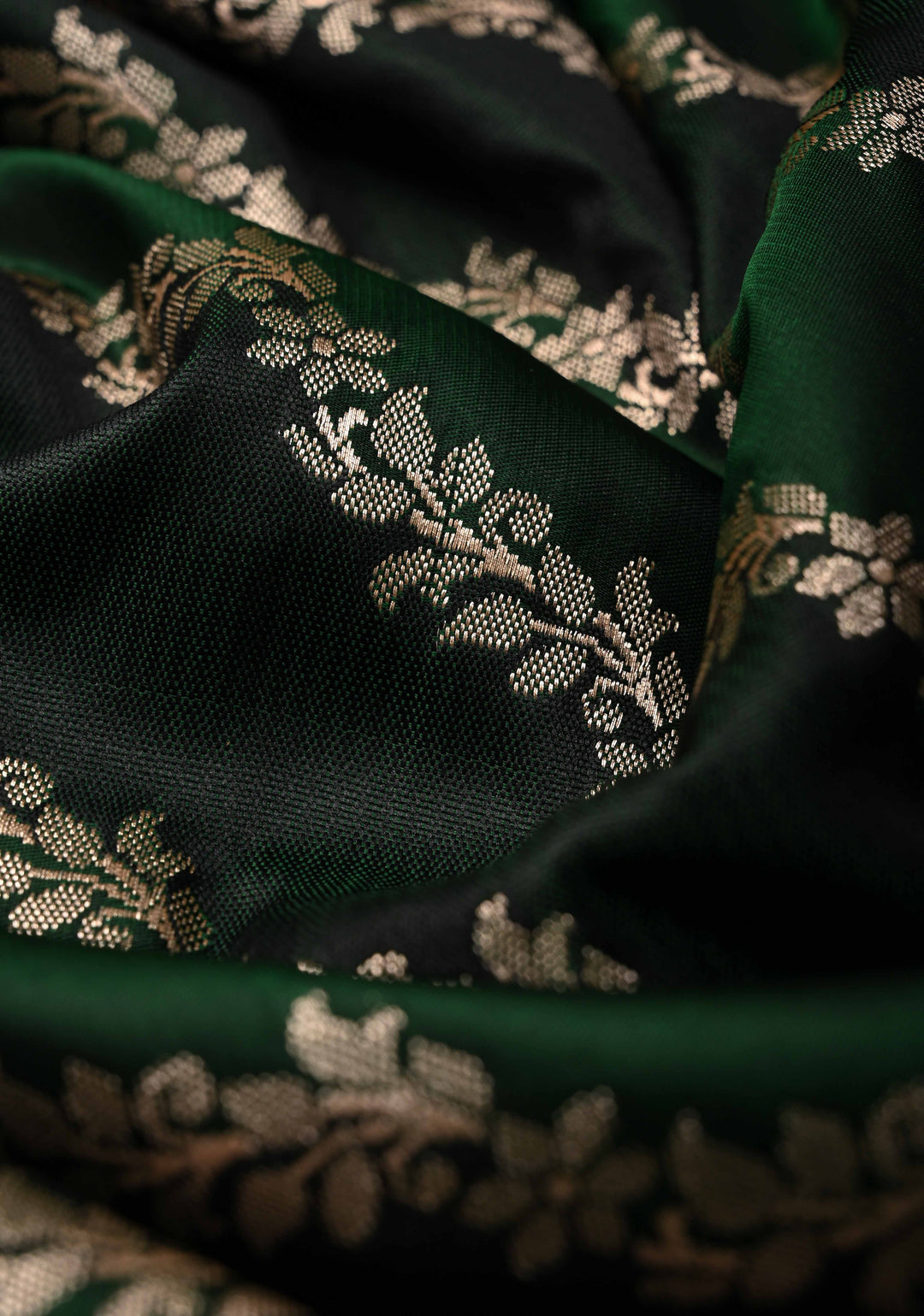 Shades of Green Banarasi Semi Mashru Silk Saree With Floral Leheria pattern and Scallop Zari Border