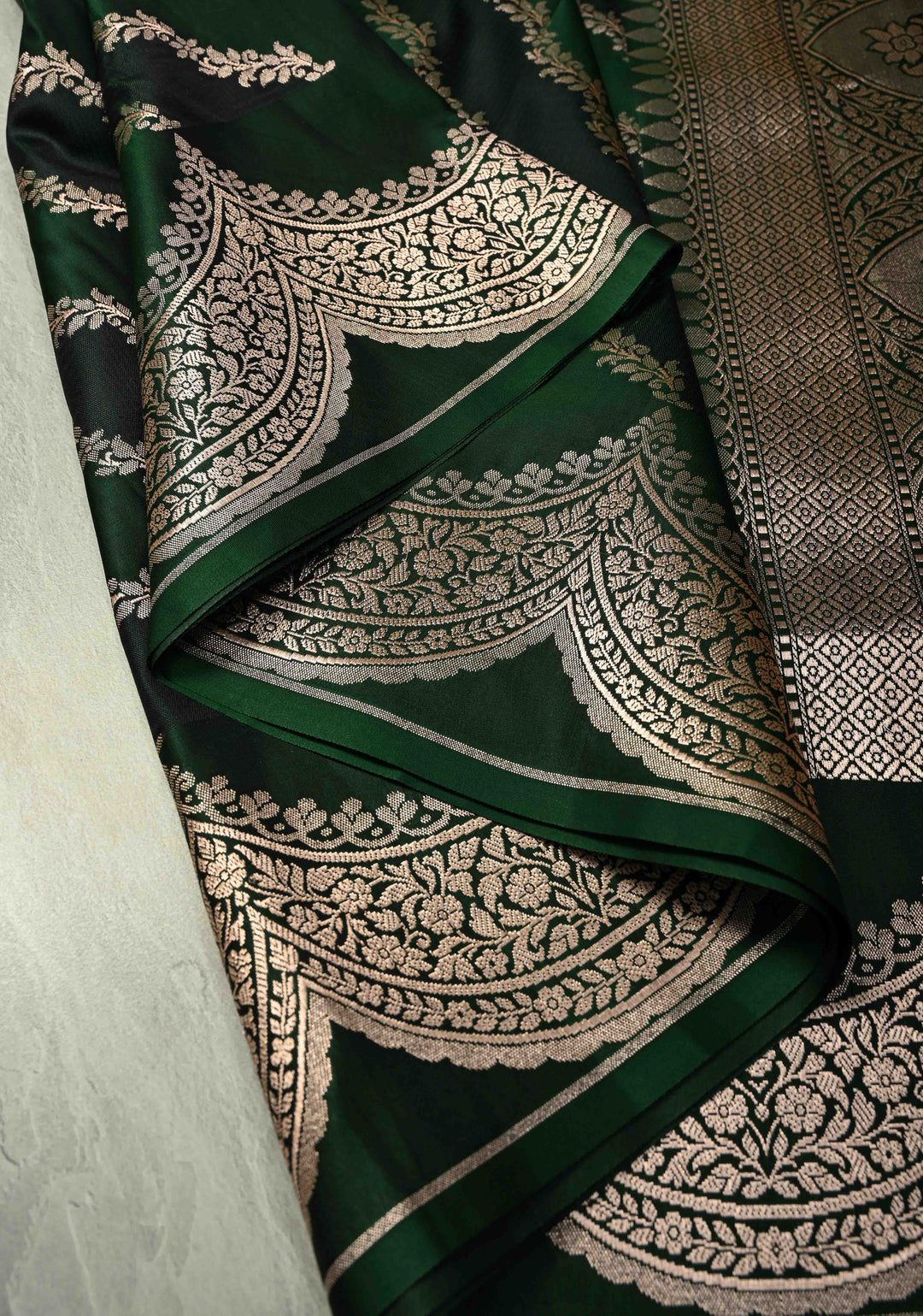 Shades of Green Banarasi Semi Mashru Silk Saree With Floral Leheria pattern and Scallop Zari Border