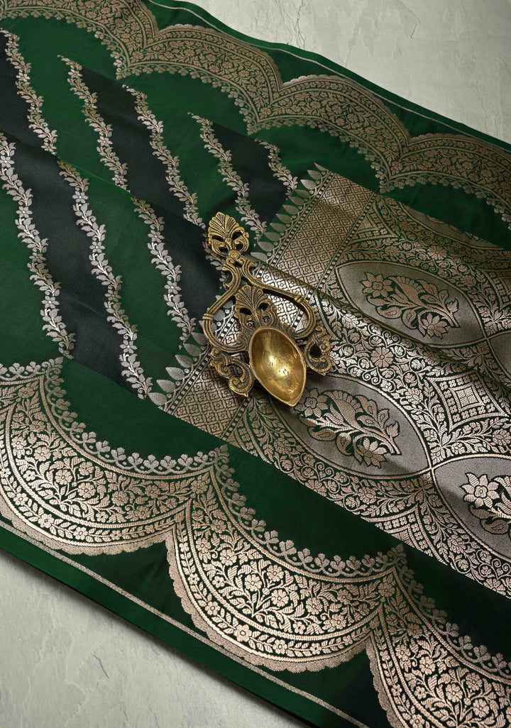 Shades of Green Banarasi Semi Mashru Silk Saree With Floral Leheria pattern and Scallop Zari Border