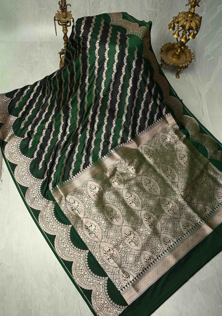 Shades of Green Banarasi Semi Mashru Silk Saree With Floral Leheria pattern and Scallop Zari Border