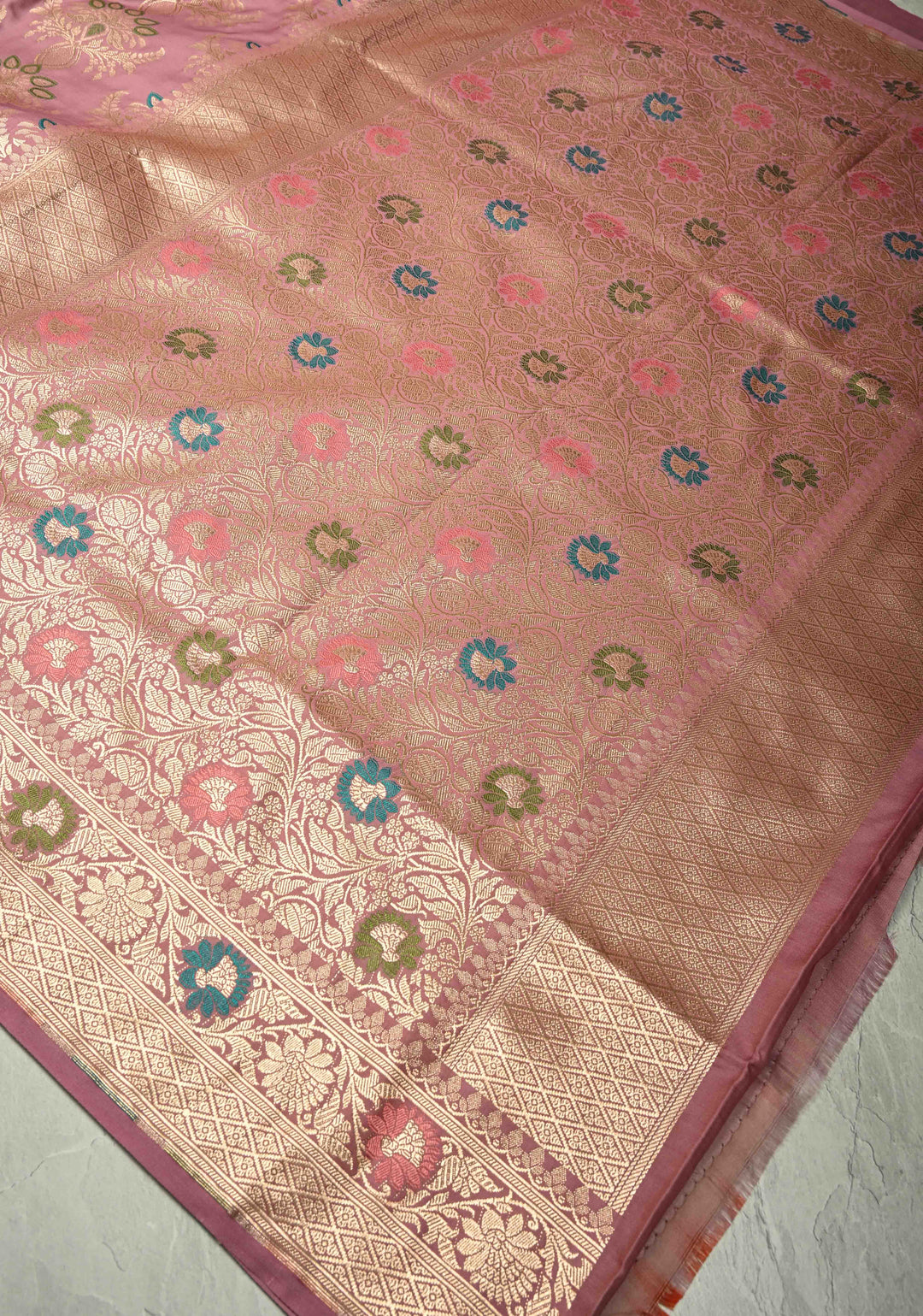 Dusty Pink Semi Mashru Silk Saree with Meenakari Floral Jaal and Zari Border