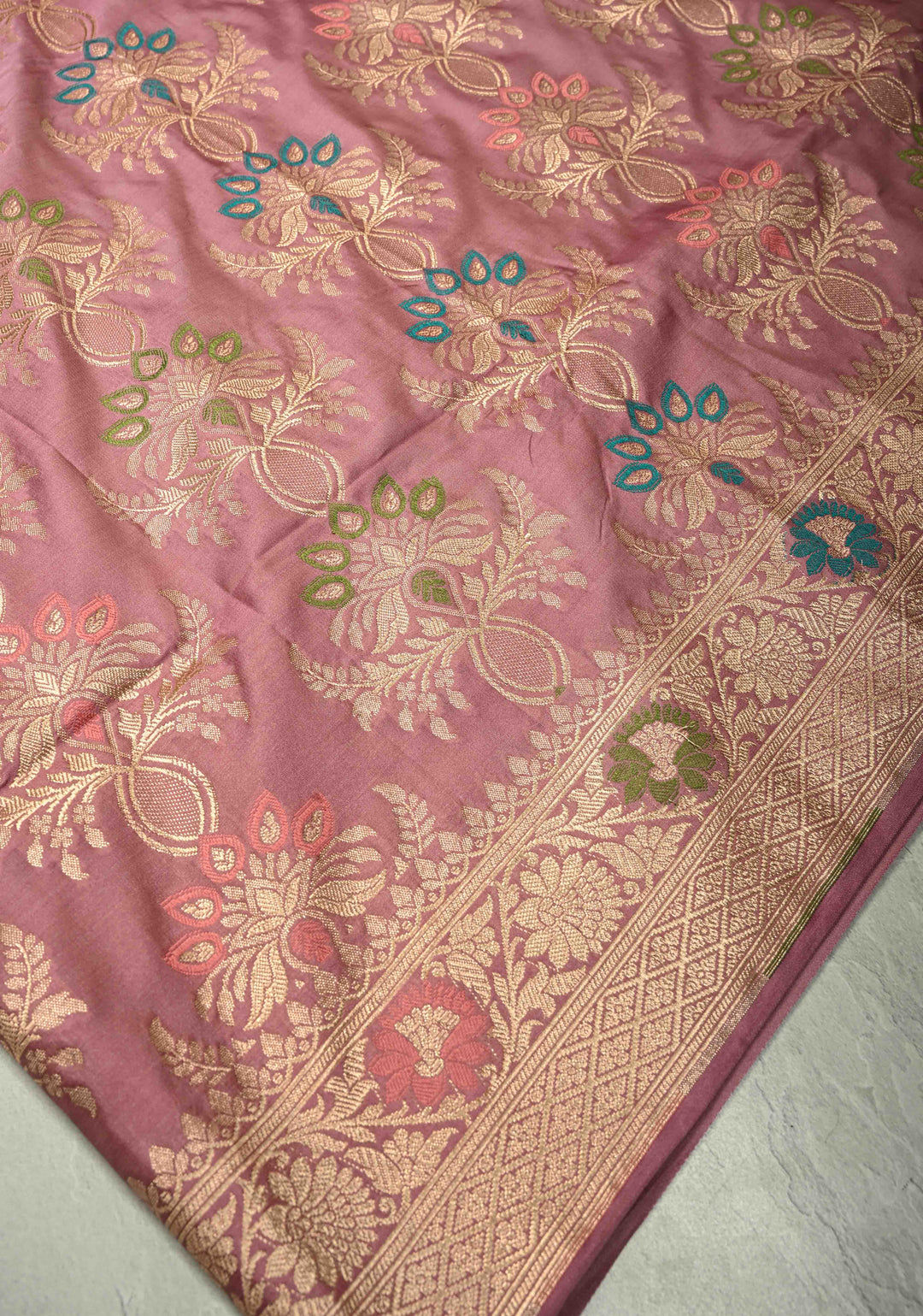 Dusty Pink Semi Mashru Silk Saree with Meenakari Floral Jaal and Zari Border
