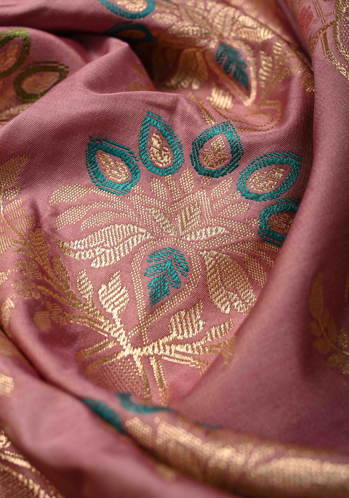 Dusty Pink Semi Mashru Silk Saree with Meenakari Floral Jaal and Zari Border