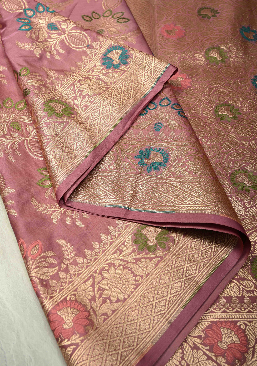 Dusty Pink Semi Mashru Silk Saree with Meenakari Floral Jaal and Zari Border