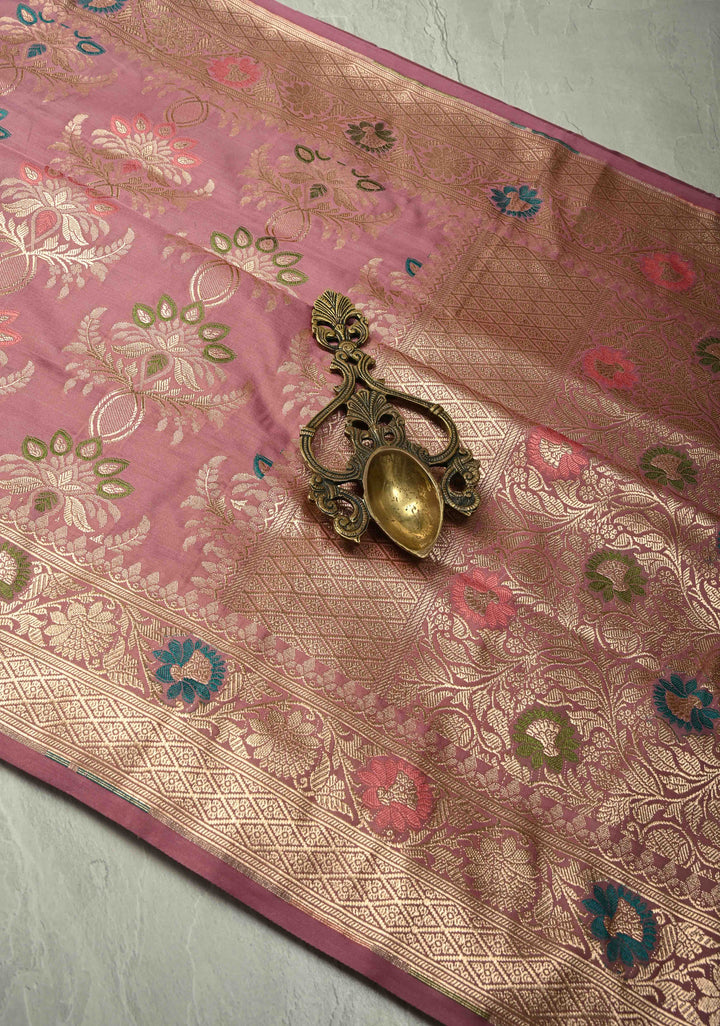 Dusty Pink Semi Mashru Silk Saree with Meenakari Floral Jaal and Zari Border