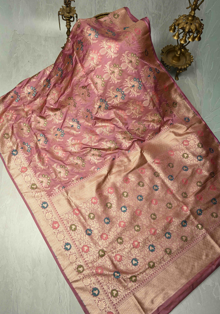 Dusty Pink Semi Mashru Silk Saree with Meenakari Floral Jaal and Zari Border