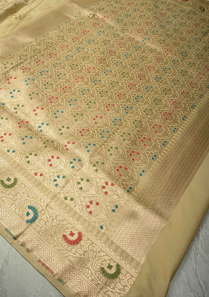 Cream Meenakari Detailing on Banarasi Semi Mashru Silk Saree With Floral Brocade and Zari Border