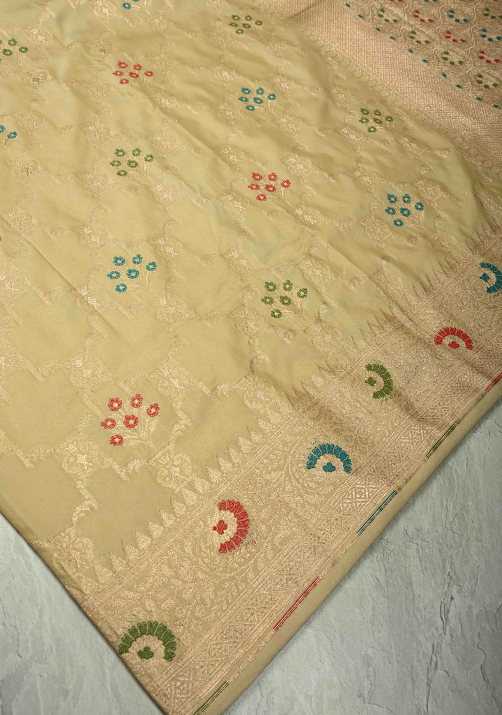 Cream Meenakari Detailing on Banarasi Semi Mashru Silk Saree With Floral Brocade and Zari Border