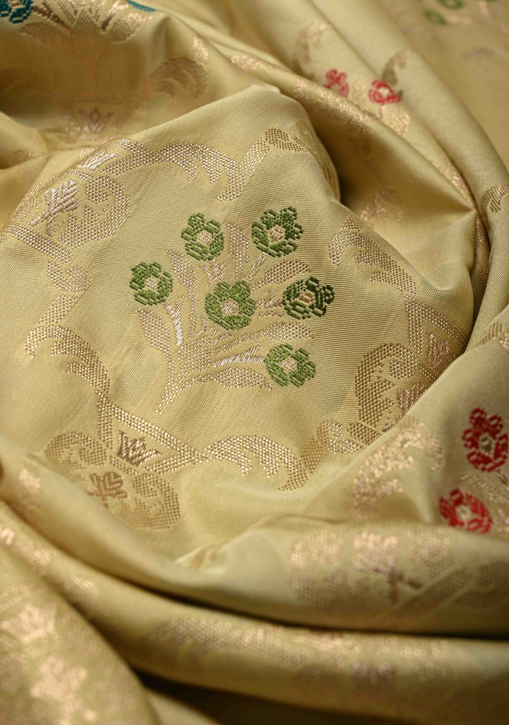 Cream Meenakari Detailing on Banarasi Semi Mashru Silk Saree With Floral Brocade and Zari Border
