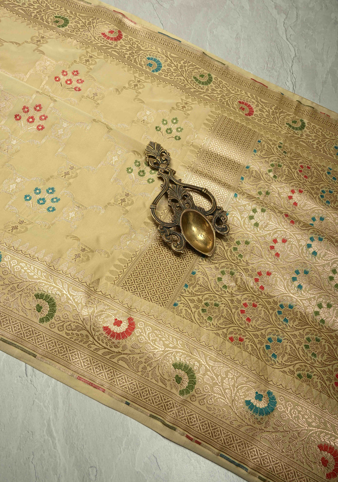 Cream Meenakari Detailing on Banarasi Semi Mashru Silk Saree With Floral Brocade and Zari Border