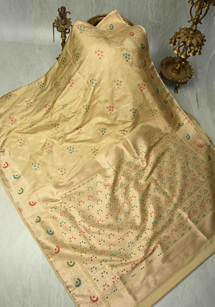 Cream Meenakari Detailing on Banarasi Semi Mashru Silk Saree With Floral Brocade and Zari Border