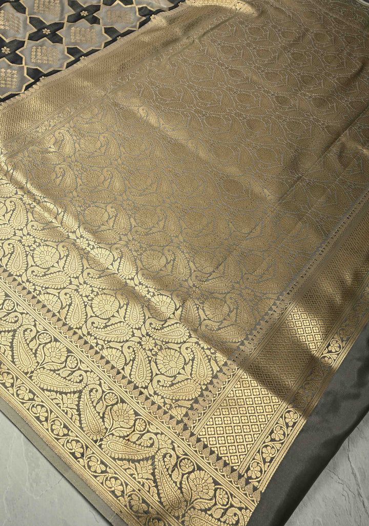 Black-Gray Banarasi Vertical Stripes Semi Mashru Silk Saree with Geometric Brocade and Zari Border