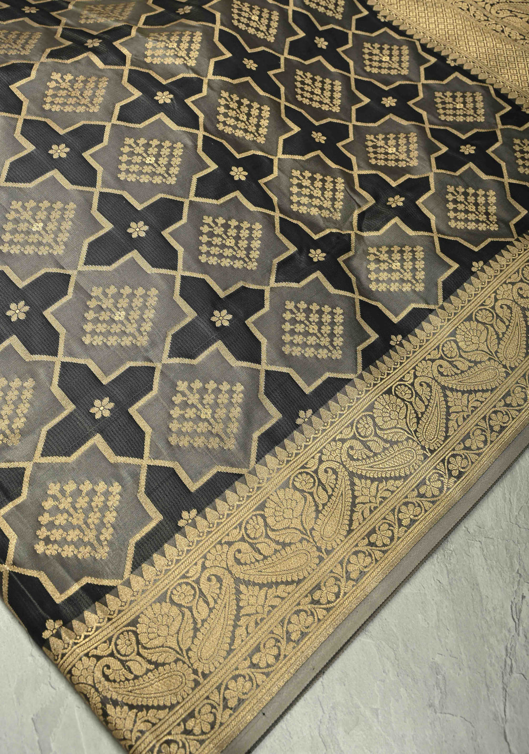 Black-Gray Banarasi Vertical Stripes Semi Mashru Silk Saree with Geometric Brocade and Zari Border