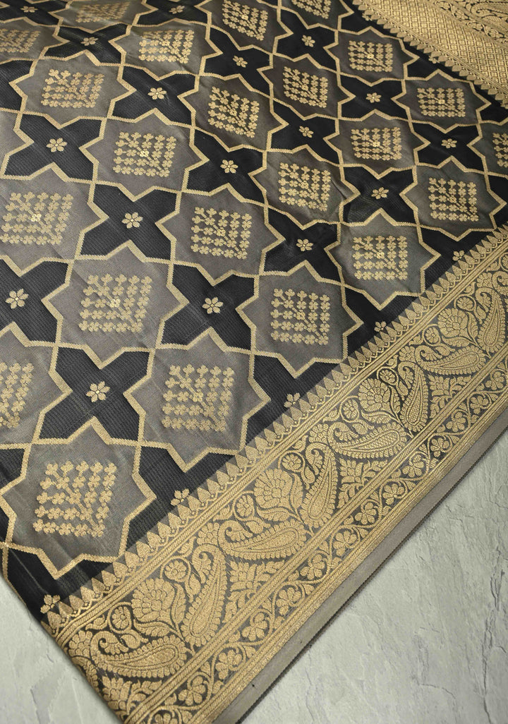 Black-Gray Banarasi Vertical Stripes Semi Mashru Silk Saree with Geometric Brocade and Zari Border