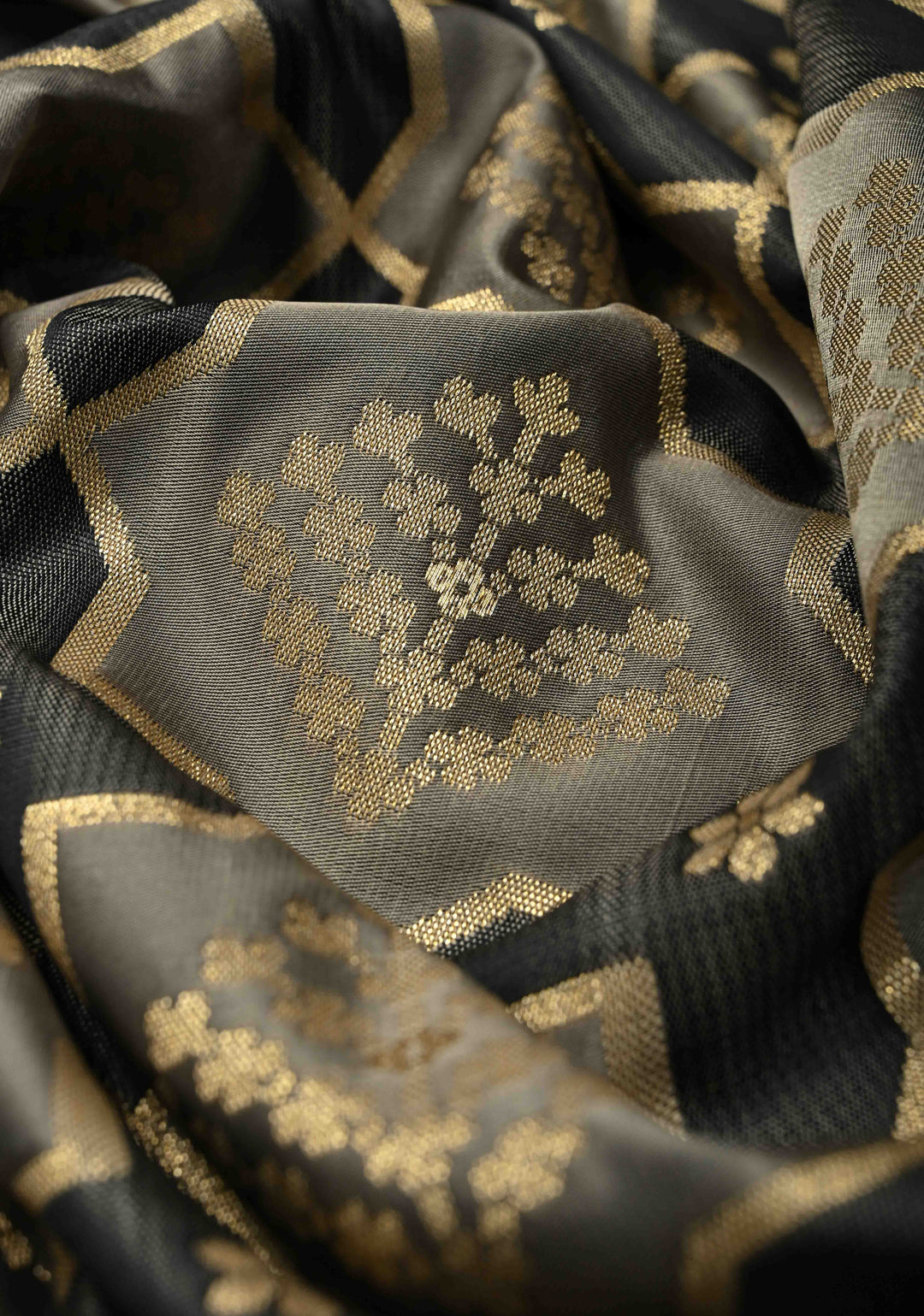 Black-Gray Banarasi Vertical Stripes Semi Mashru Silk Saree with Geometric Brocade and Zari Border