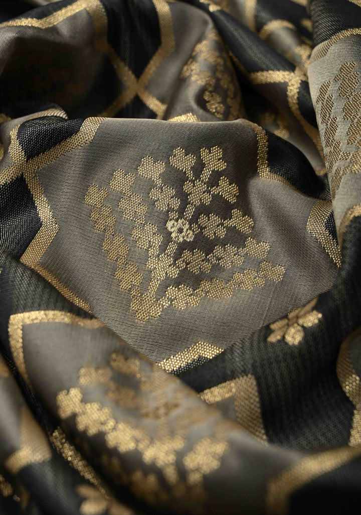 Black-Gray Banarasi Vertical Stripes Semi Mashru Silk Saree with Geometric Brocade and Zari Border