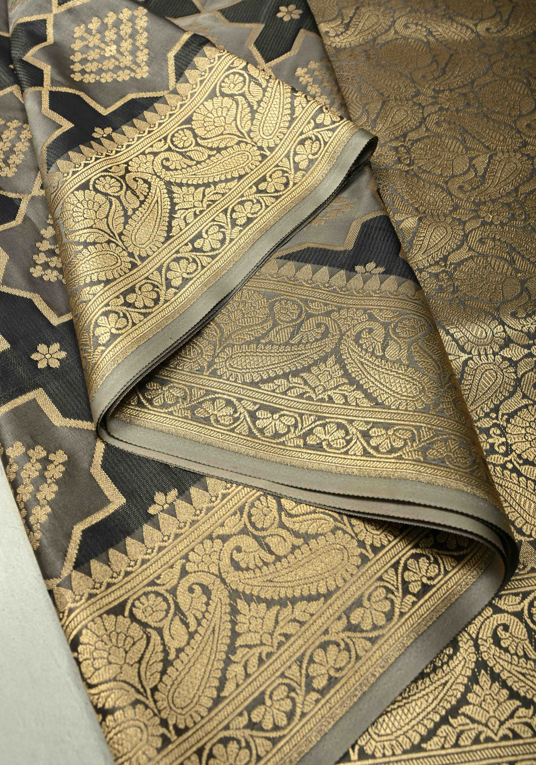 Black-Gray Banarasi Vertical Stripes Semi Mashru Silk Saree with Geometric Brocade and Zari Border