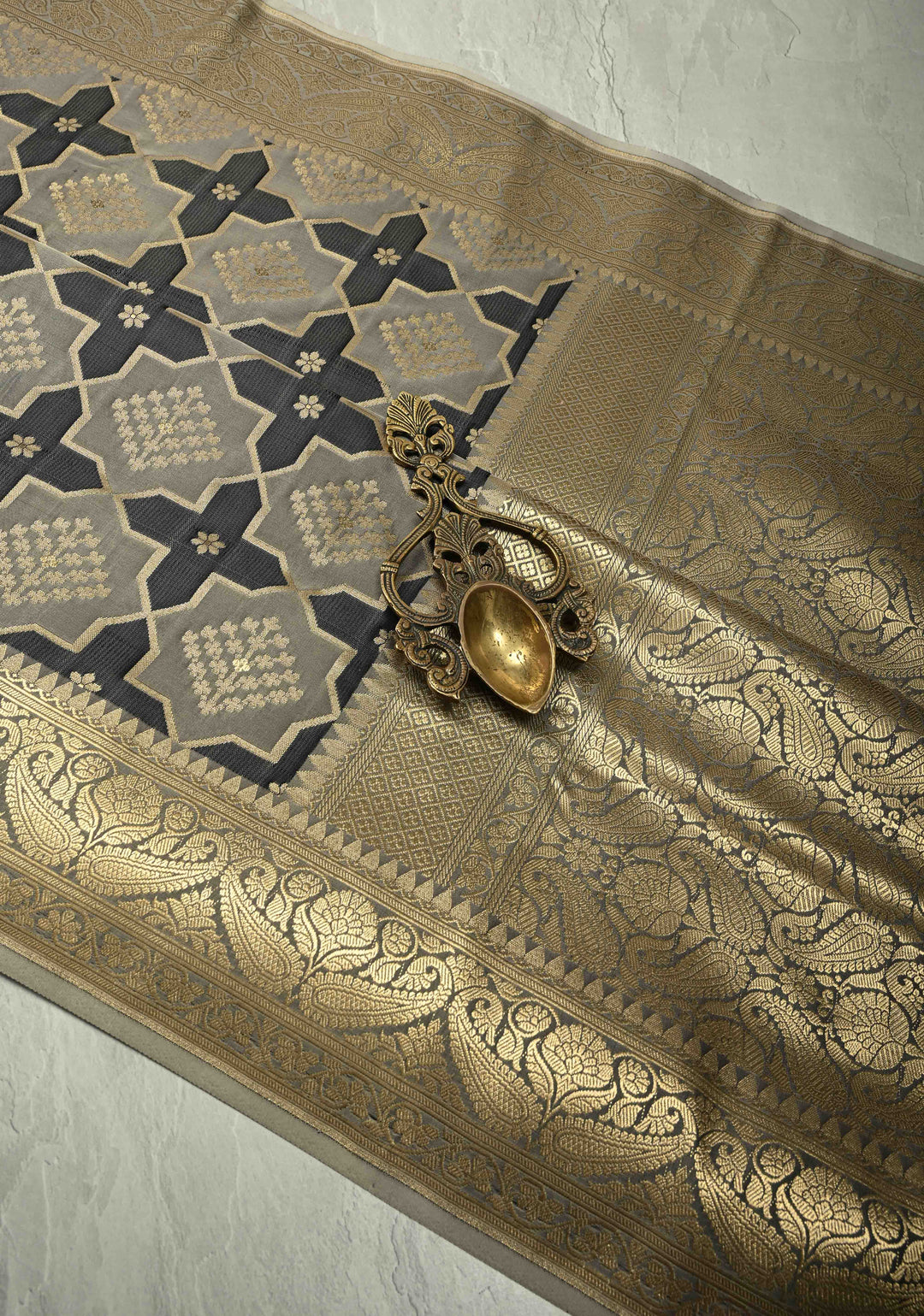 Black-Gray Banarasi Vertical Stripes Semi Mashru Silk Saree with Geometric Brocade and Zari Border