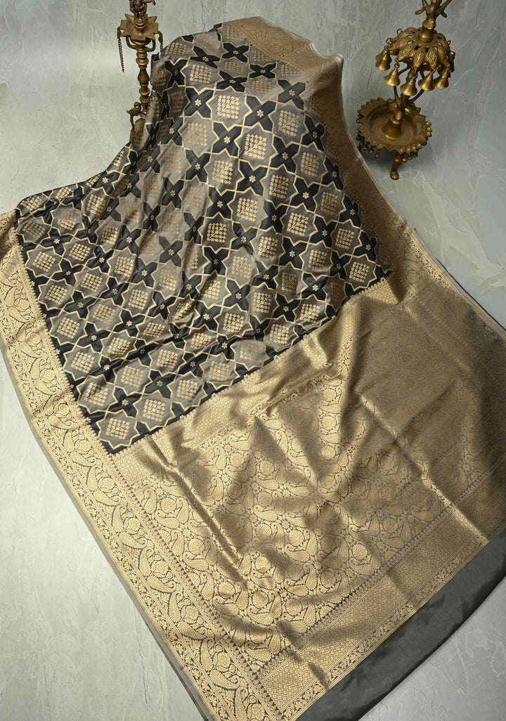Black-Gray Banarasi Vertical Stripes Semi Mashru Silk Saree with Geometric Brocade and Zari Border