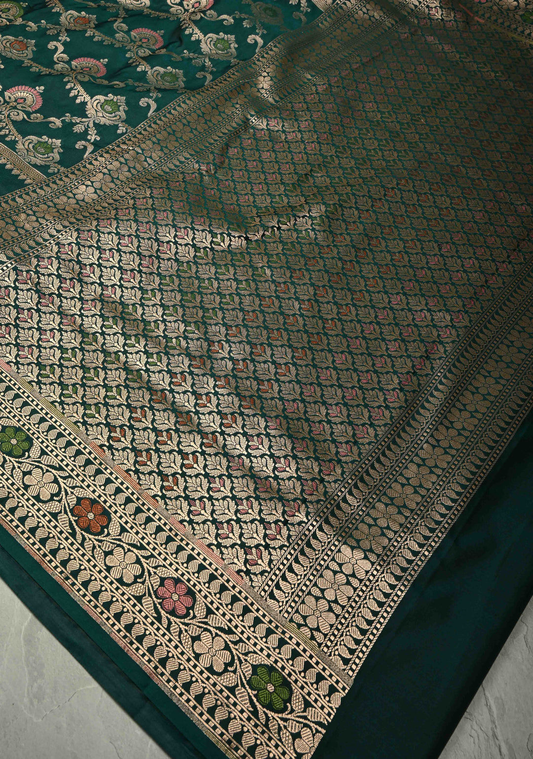 Dark Bottle Green Semi Mashru Silk Saree with Meenakari Floral Jaal Panel and Zari Border