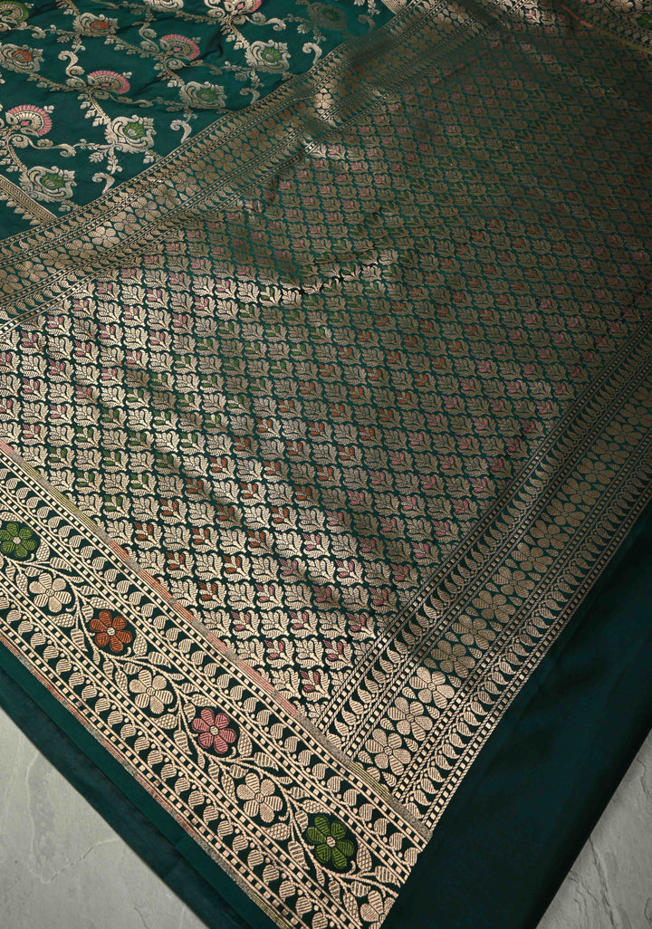 Dark Bottle Green Semi Mashru Silk Saree with Meenakari Floral Jaal Panel and Zari Border