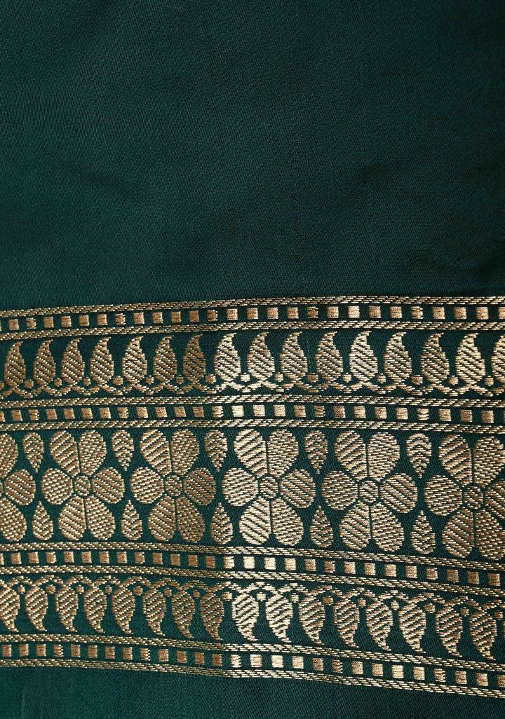 Dark Bottle Green Semi Mashru Silk Saree with Meenakari Floral Jaal Panel and Zari Border