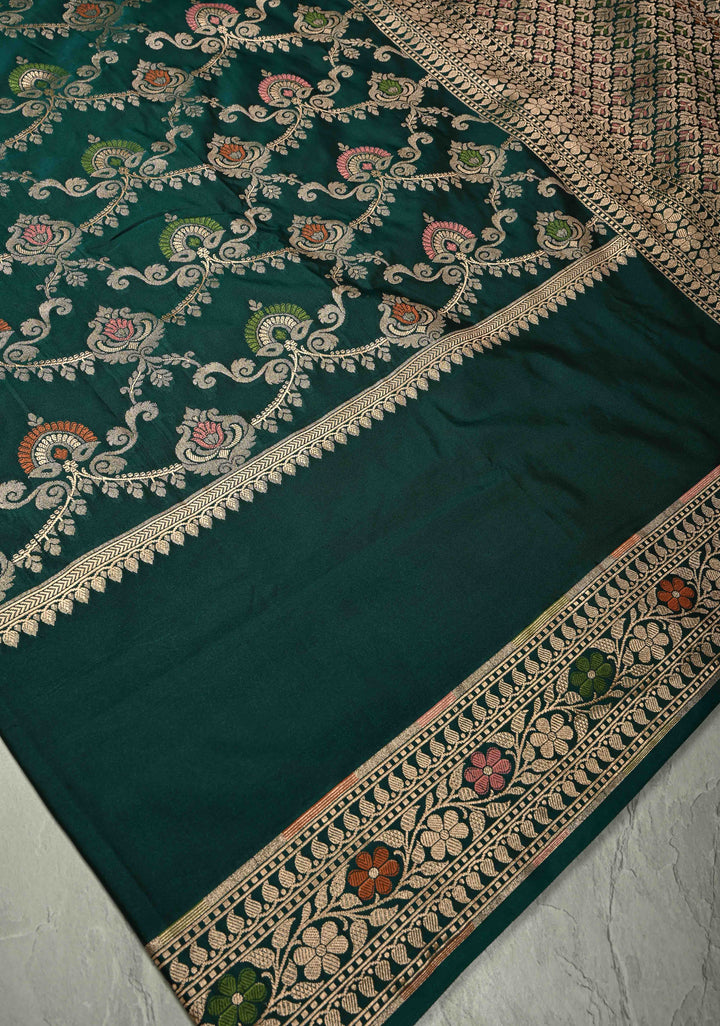 Dark Bottle Green Semi Mashru Silk Saree with Meenakari Floral Jaal Panel and Zari Border