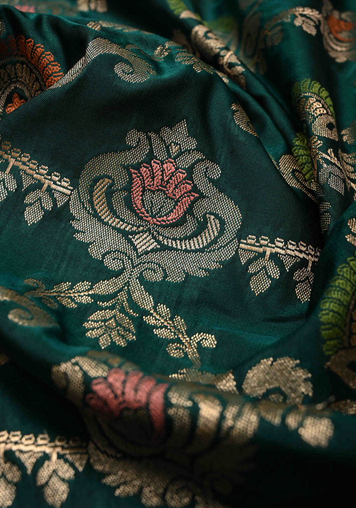 Dark Bottle Green Semi Mashru Silk Saree with Meenakari Floral Jaal Panel and Zari Border