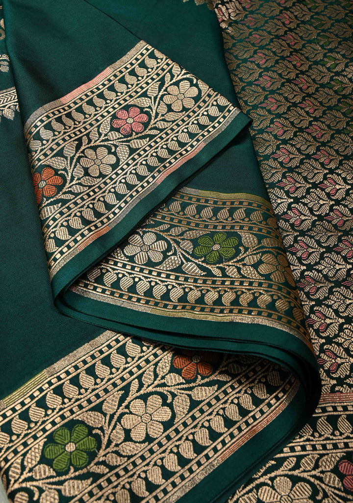 Dark Bottle Green Semi Mashru Silk Saree with Meenakari Floral Jaal Panel and Zari Border