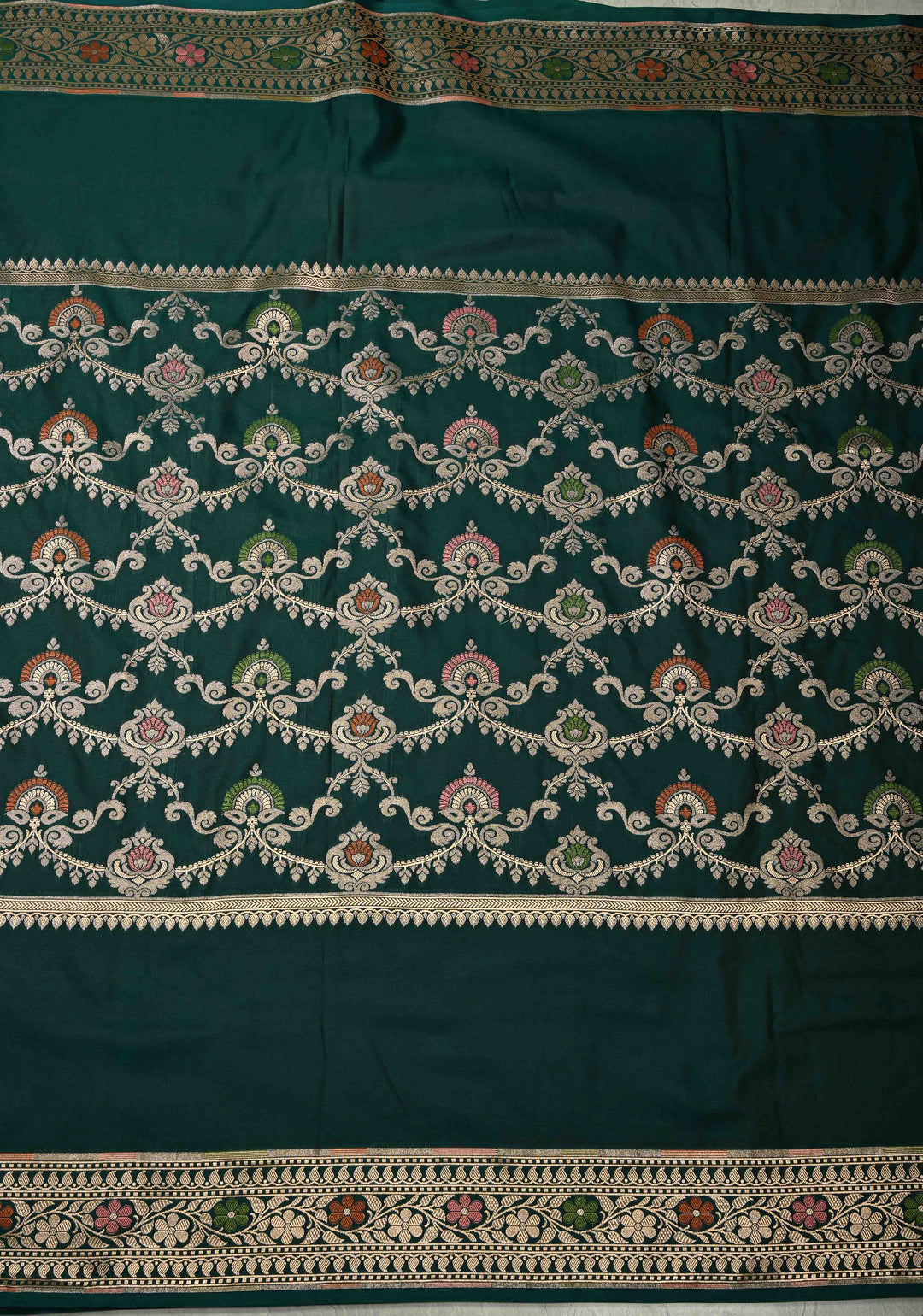 Dark Bottle Green Semi Mashru Silk Saree with Meenakari Floral Jaal Panel and Zari Border