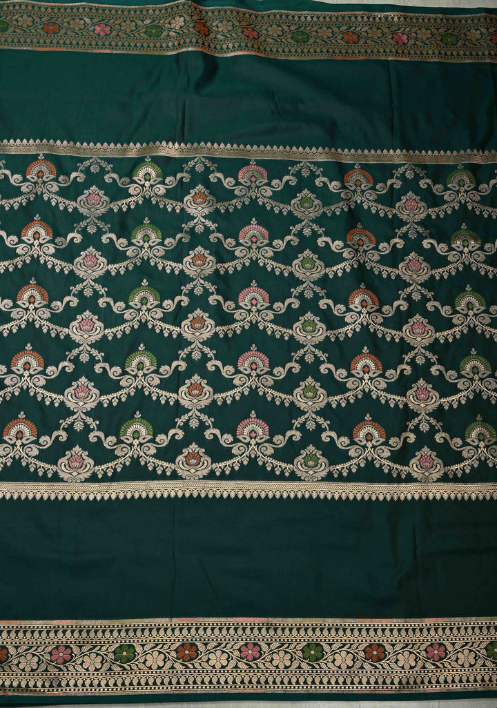 Dark Bottle Green Semi Mashru Silk Saree with Meenakari Floral Jaal Panel and Zari Border