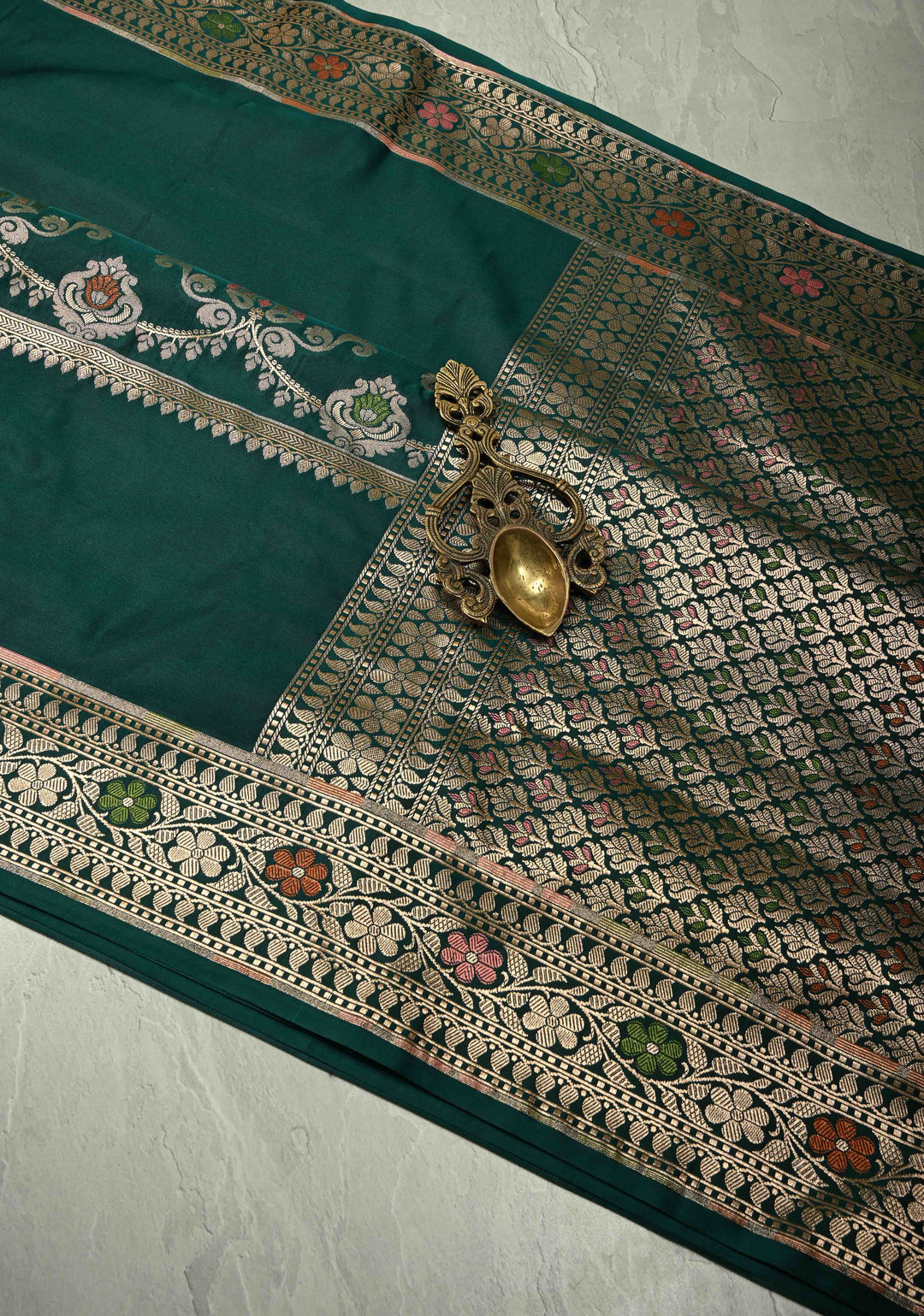 Dark Bottle Green Semi Mashru Silk Saree with Meenakari Floral Jaal Panel and Zari Border