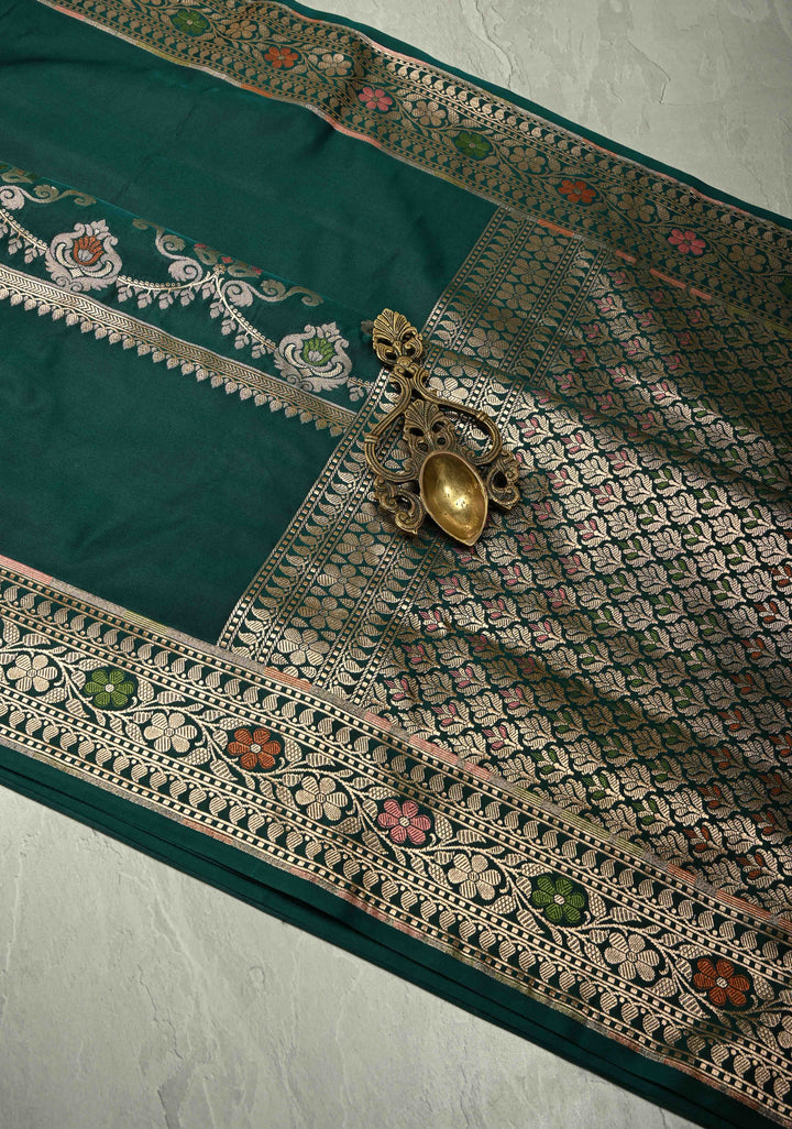 Dark Bottle Green Semi Mashru Silk Saree with Meenakari Floral Jaal Panel and Zari Border