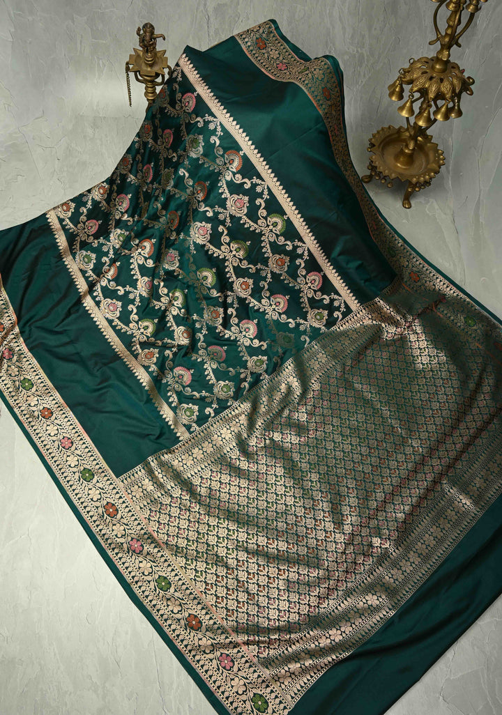 Dark Bottle Green Semi Mashru Silk Saree with Meenakari Floral Jaal Panel and Zari Border
