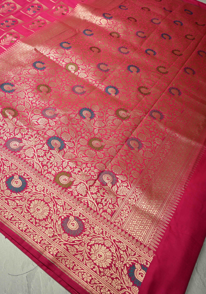 Rani Pink Meenakari Detailing on Banarasi Semi Mashru Silk Saree With Arch Floral Brocade and Zari Border