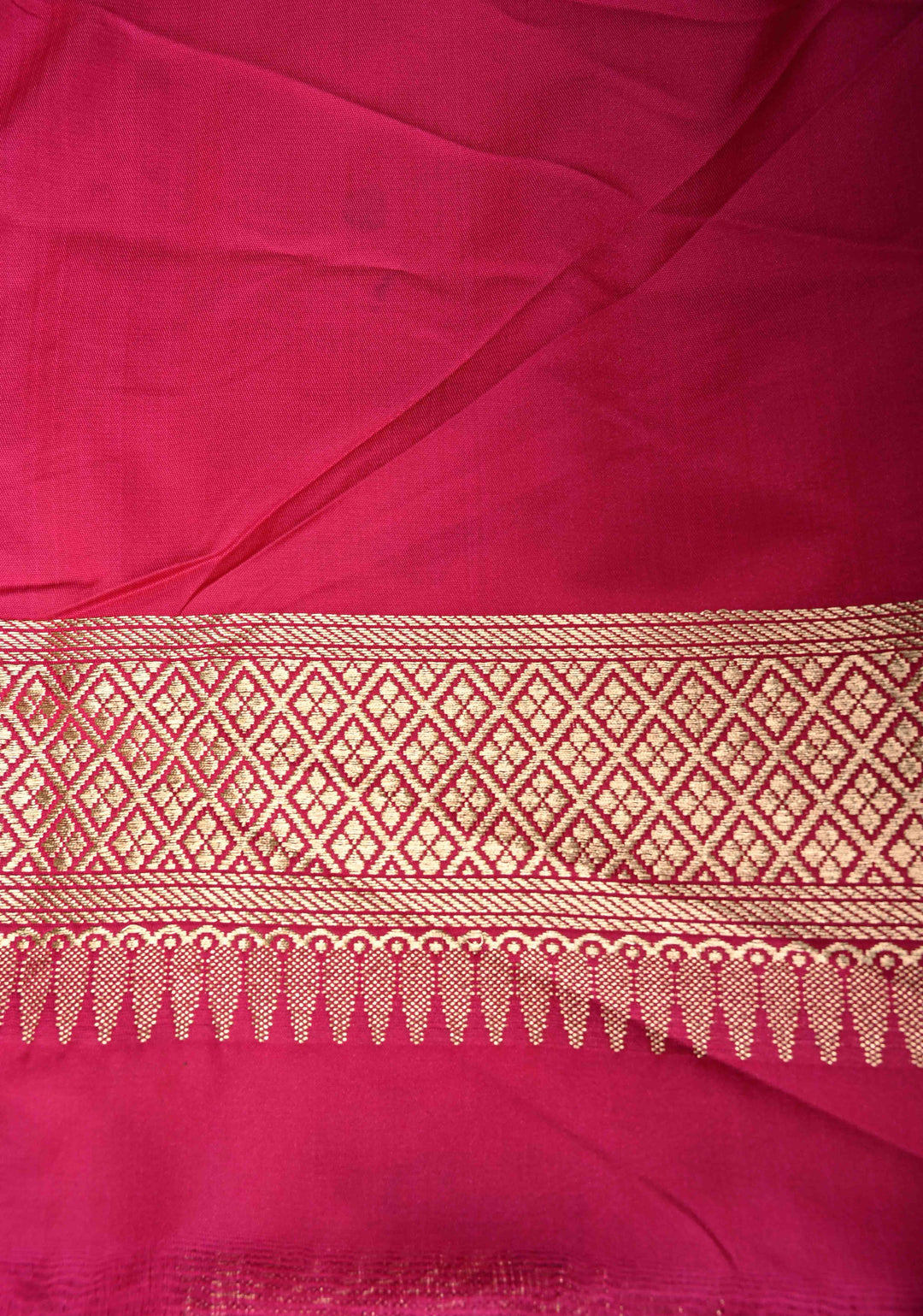 Rani Pink Meenakari Detailing on Banarasi Semi Mashru Silk Saree With Arch Floral Brocade and Zari Border