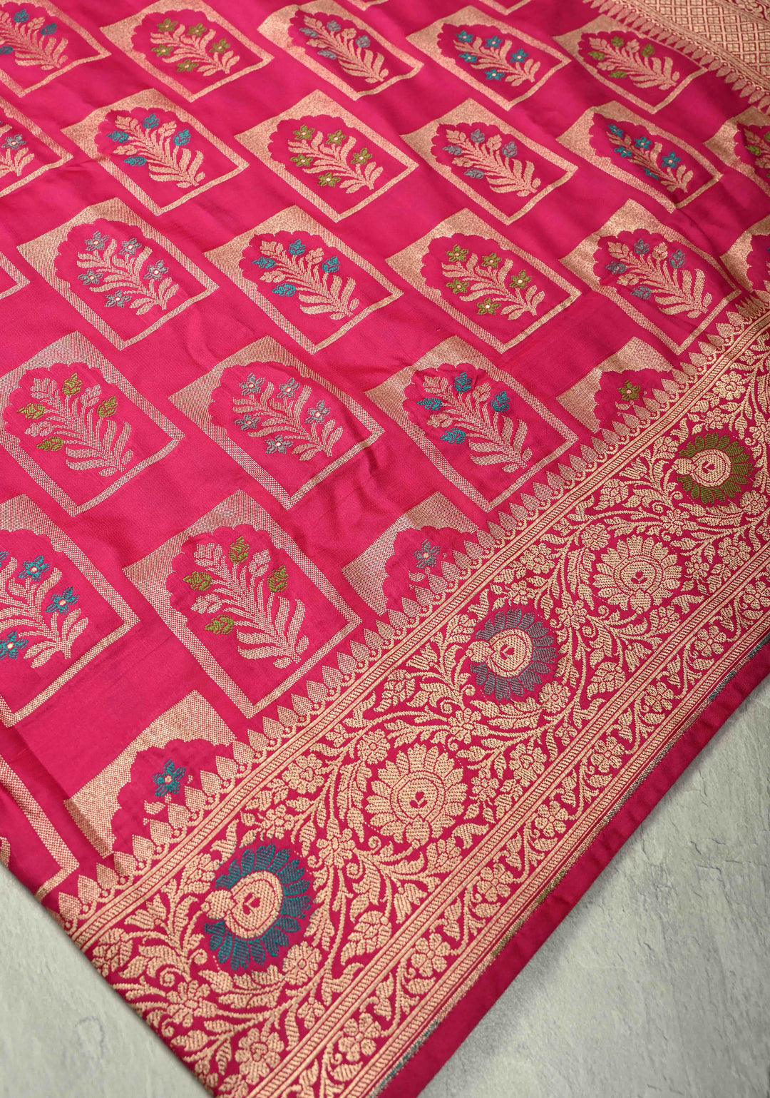 Rani Pink Meenakari Detailing on Banarasi Semi Mashru Silk Saree With Arch Floral Brocade and Zari Border