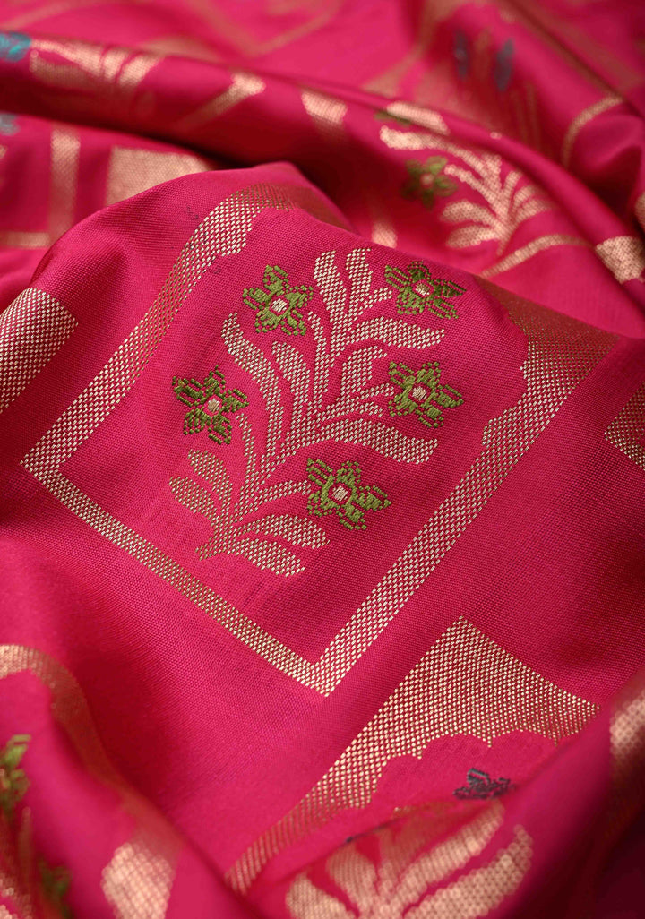 Rani Pink Meenakari Detailing on Banarasi Semi Mashru Silk Saree With Arch Floral Brocade and Zari Border