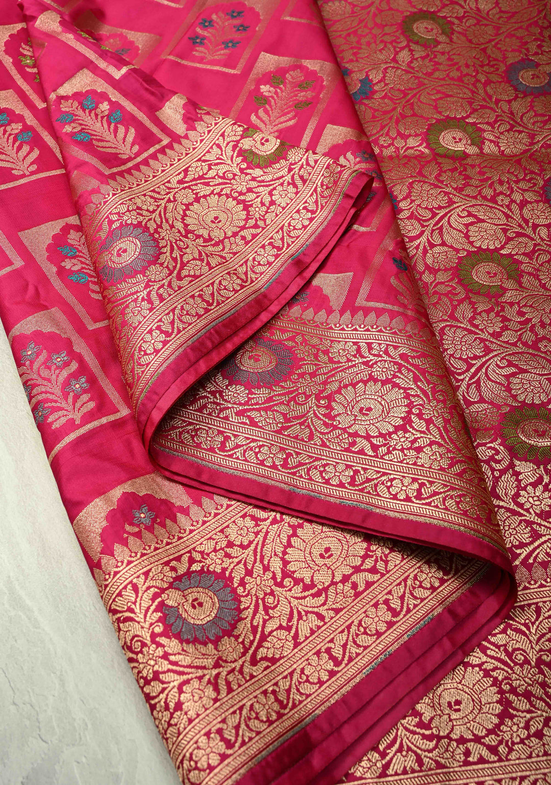 Rani Pink Meenakari Detailing on Banarasi Semi Mashru Silk Saree With Arch Floral Brocade and Zari Border