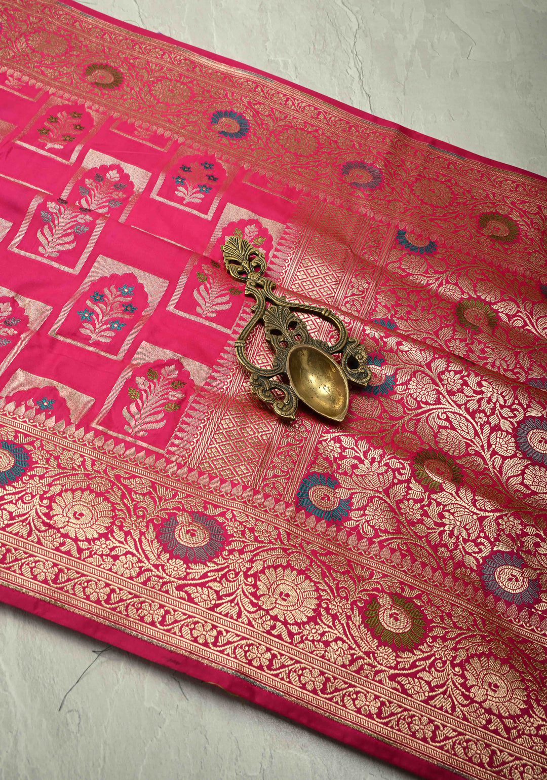 Rani Pink Meenakari Detailing on Banarasi Semi Mashru Silk Saree With Arch Floral Brocade and Zari Border
