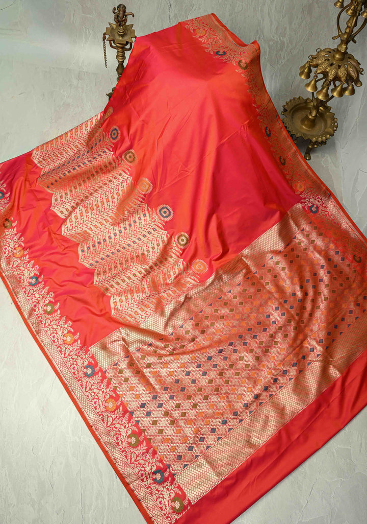 Pink Dual Tone Semi Mashru Silk Saree with Meenakari Zari Floral Panel and zari Border