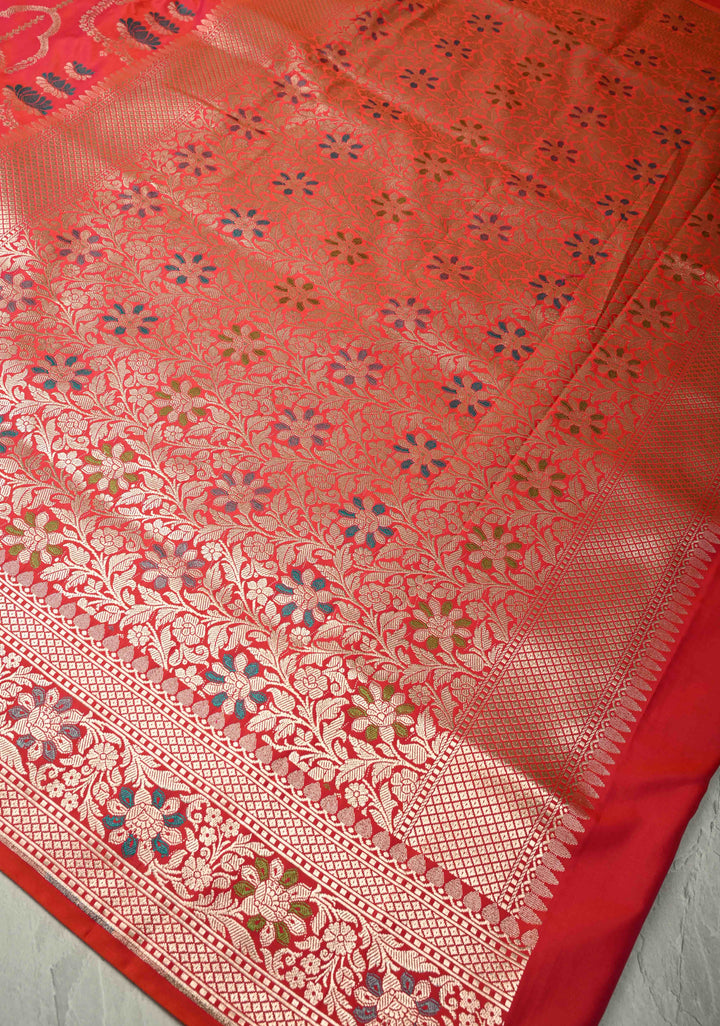 Pink Orange  Dual Tone Meenakari Detailing on Banarasi Semi Mashru Silk Saree With Floral jaal Brocade and Zari Border