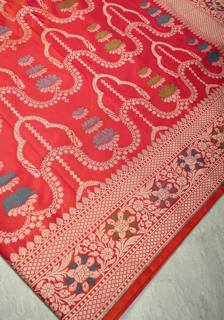 Pink Orange  Dual Tone Meenakari Detailing on Banarasi Semi Mashru Silk Saree With Floral jaal Brocade and Zari Border