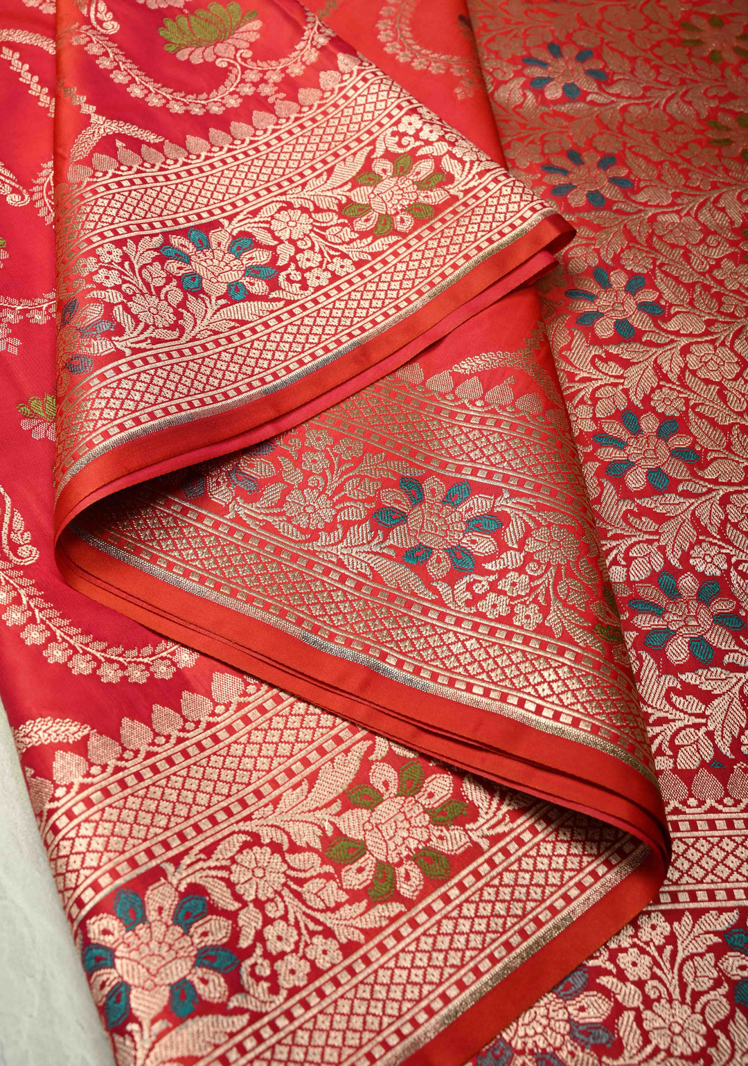 Pink Orange  Dual Tone Meenakari Detailing on Banarasi Semi Mashru Silk Saree With Floral jaal Brocade and Zari Border