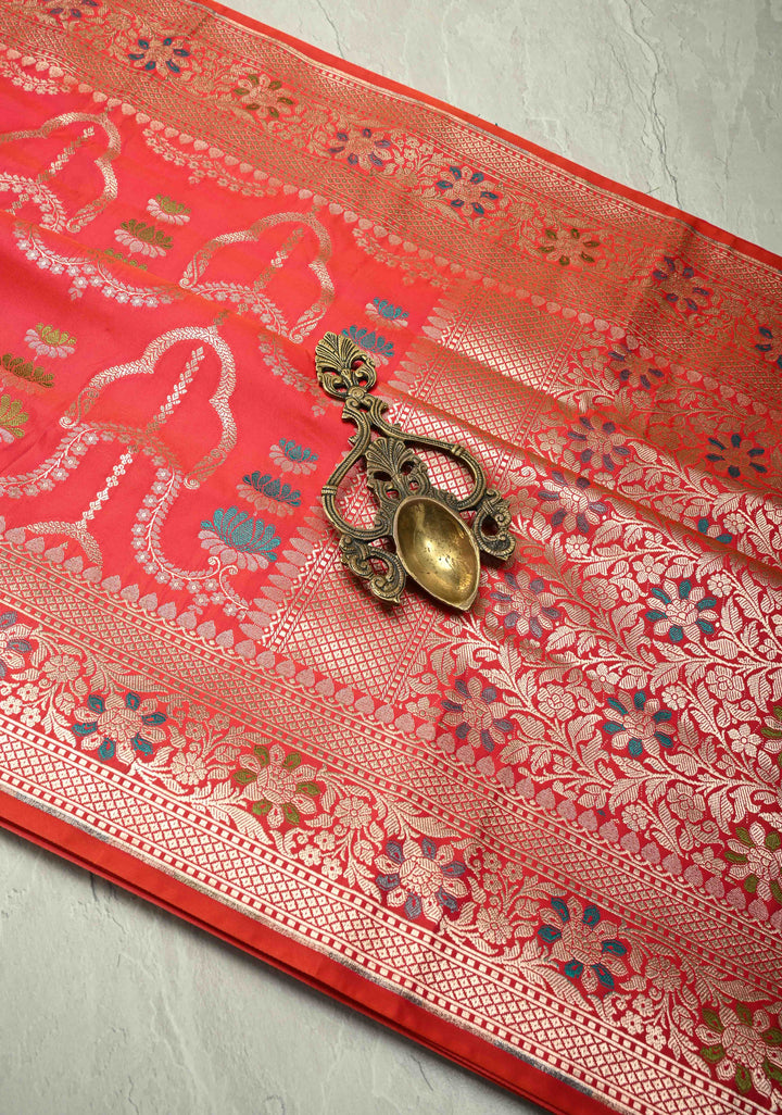 Pink Orange  Dual Tone Meenakari Detailing on Banarasi Semi Mashru Silk Saree With Floral jaal Brocade and Zari Border